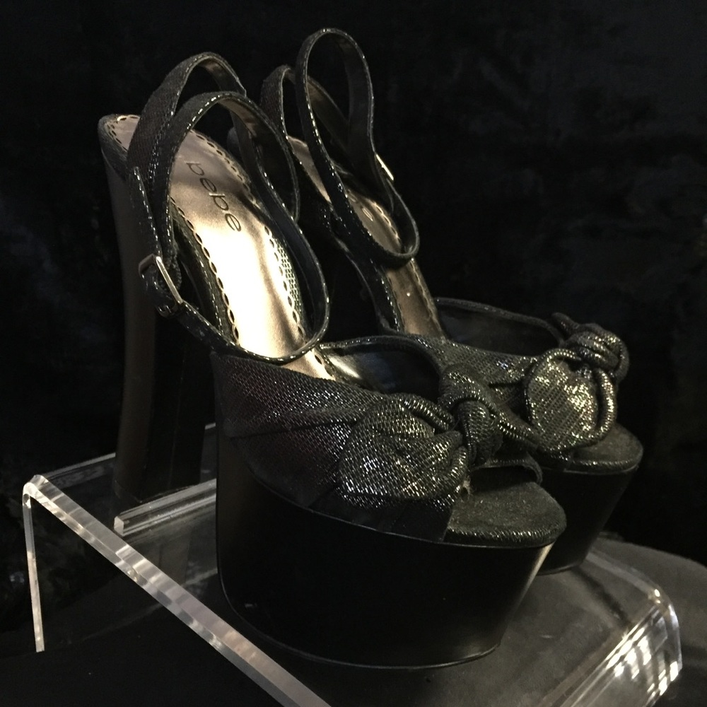 Bebe oil slick ultra chunky platform peep toes